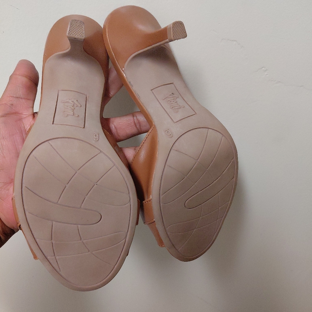 Fioni Camel Colored Brown Faux Leather Buckle Open Toe Heeled Mules 6 - Picture 10 of 13